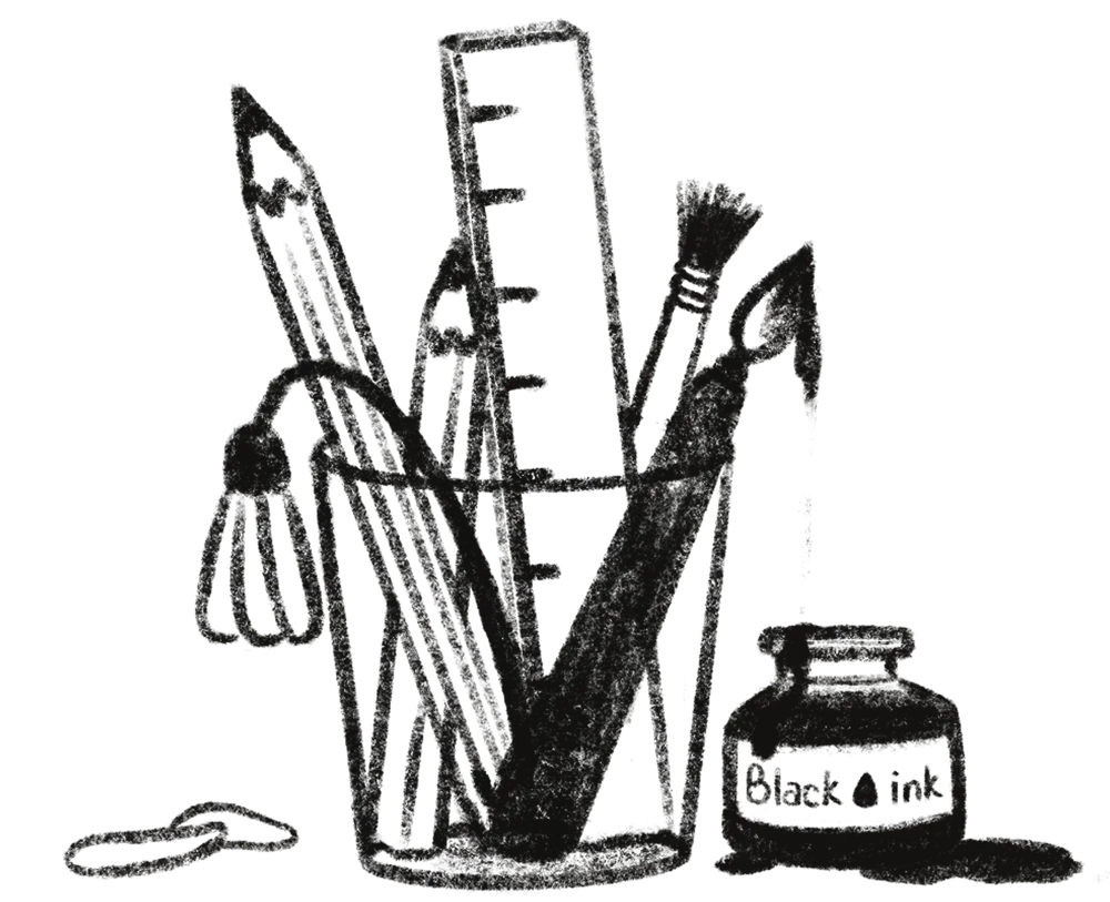 Hand-drawn illustration of pencils, a brush and a bottle of ink